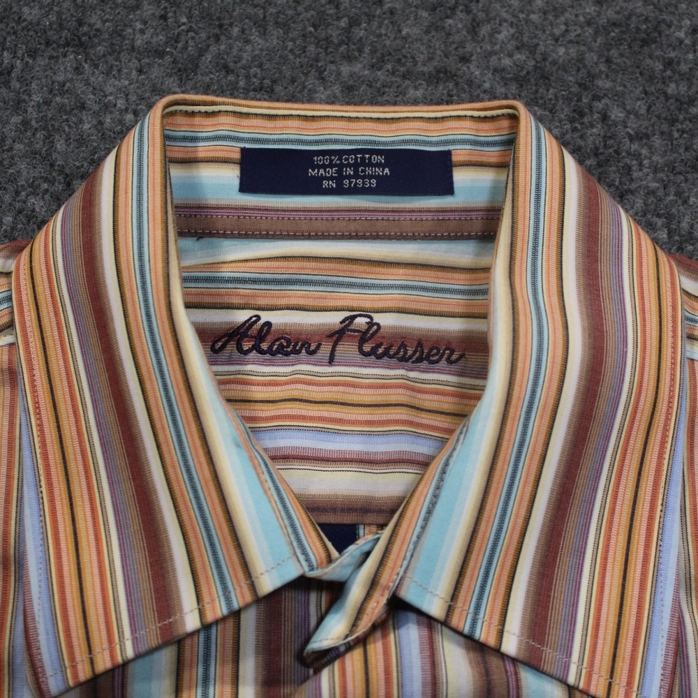 Alain Flusser Striped‎ Button Down Shirt Mens L Cotton Orange Blue Brown L/S